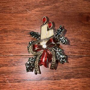 Vintage Gold Tone & Enamel Christmas Candle Holiday Brooch Pin